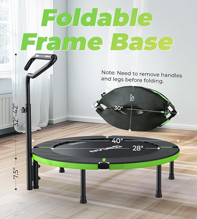 BCAN 40"/48" Foldable Mini Trampoline, Rebounder Trampoline for Adults, U/T Adjustable Foam Handle, Exercise Rebounder for Adults Indoor/Garden Workout, Max Load 330lbs/440lbs