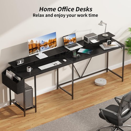 Eivanet L Shaped Gaming Desk with Power Outlets and LED Lights, 53 inch Cornor Computer Desk with Storage Shelves, Gamer Desk with Storage Bag and Hooks Home Office Table for Bedroom Living Room Black