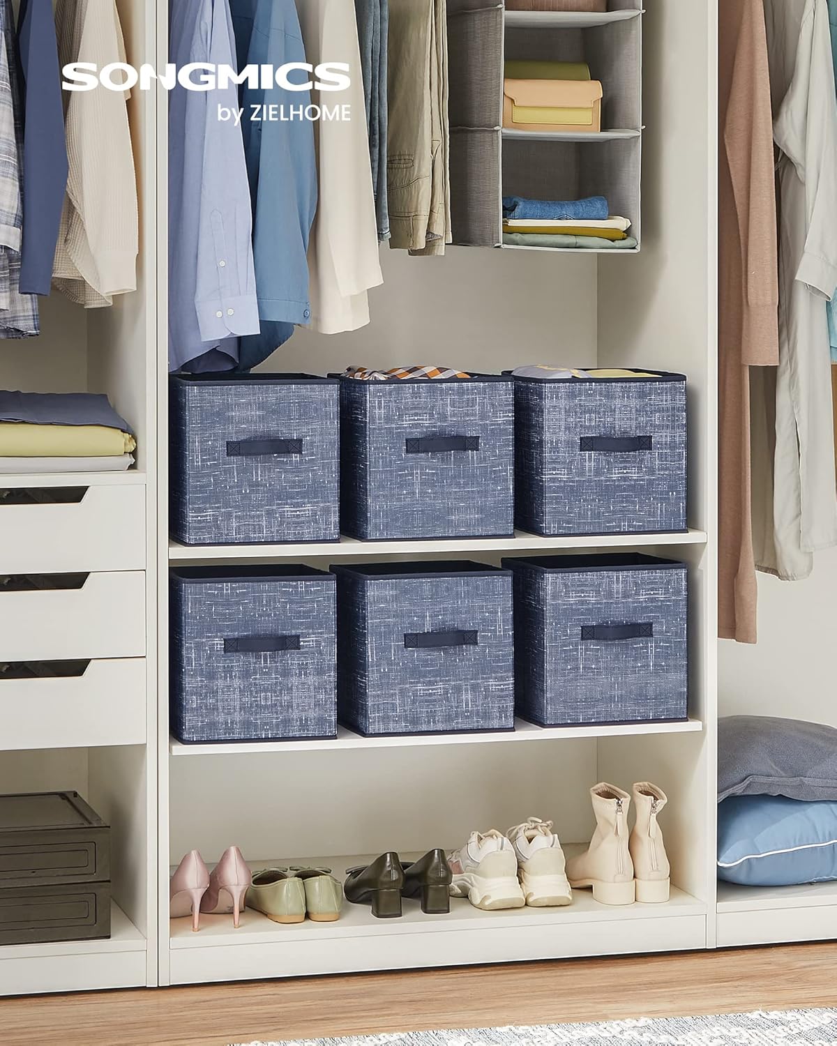 SONGMICS Storage Cubes - 11-Inch Foldable Non-Woven Fabric Bins with Double Handles | Set of 6 in Misty Blue