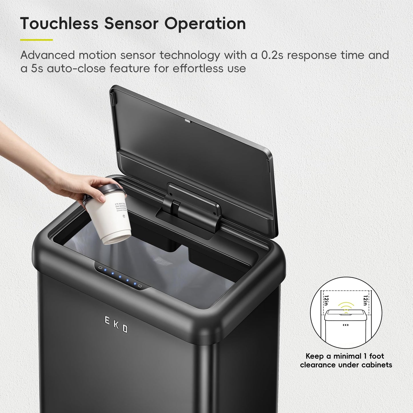EKO Vintage 50L / 13.2 Gallon Motion Sensor Trash Can, Dual Compartment 32L + 18L Stainless Steel Kitchen Garbage Bin, Touchless Automatic Waste & Recycling Bin with Lid for Home Office, Matte Black