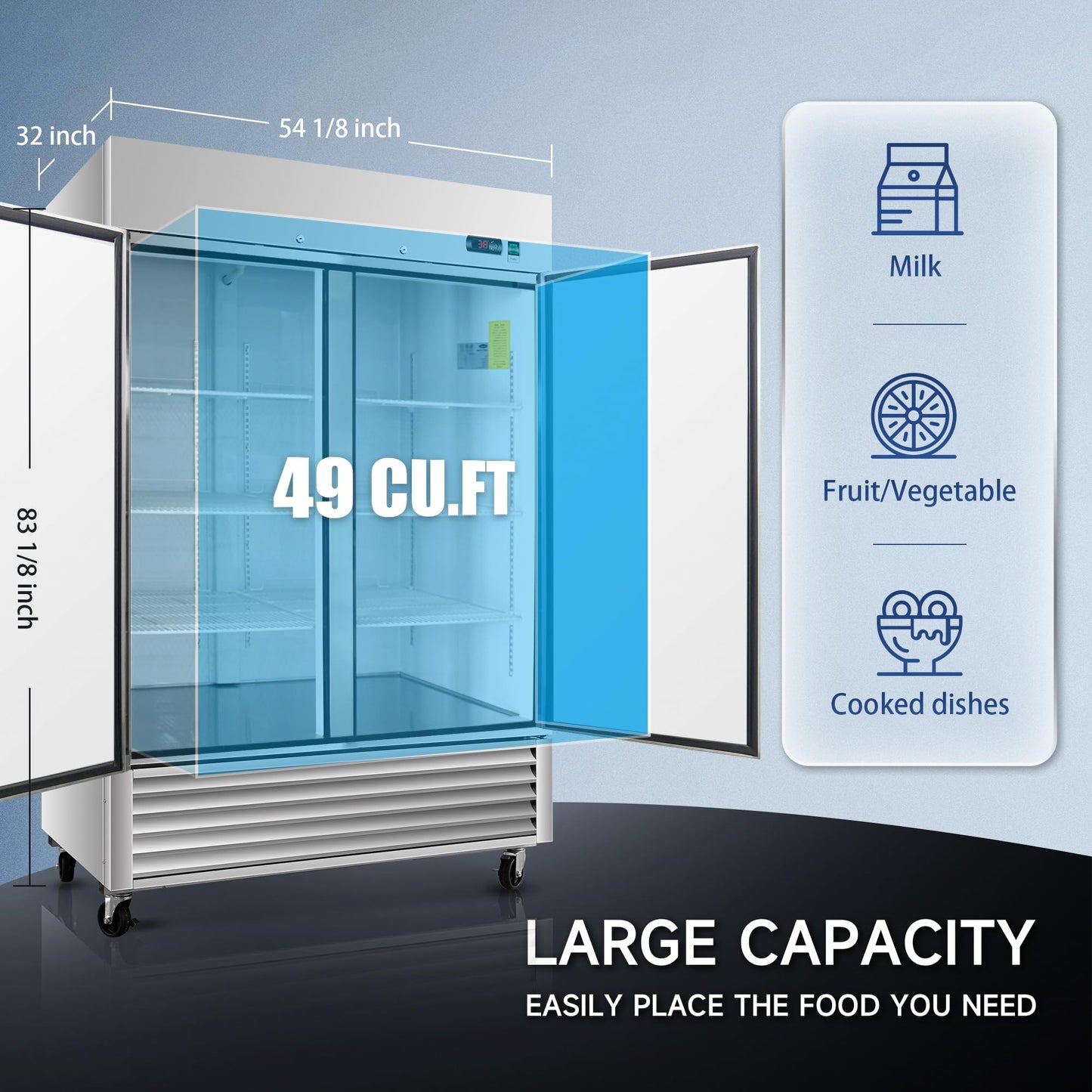 DeepTide 54" W Commercial Refrigerator with Double-Door: 49 Cubic Feet Storage, Adjustable Shelving, Automatic Defrosting, Precision Digital Thermostat, LED Lights, Safety Locks