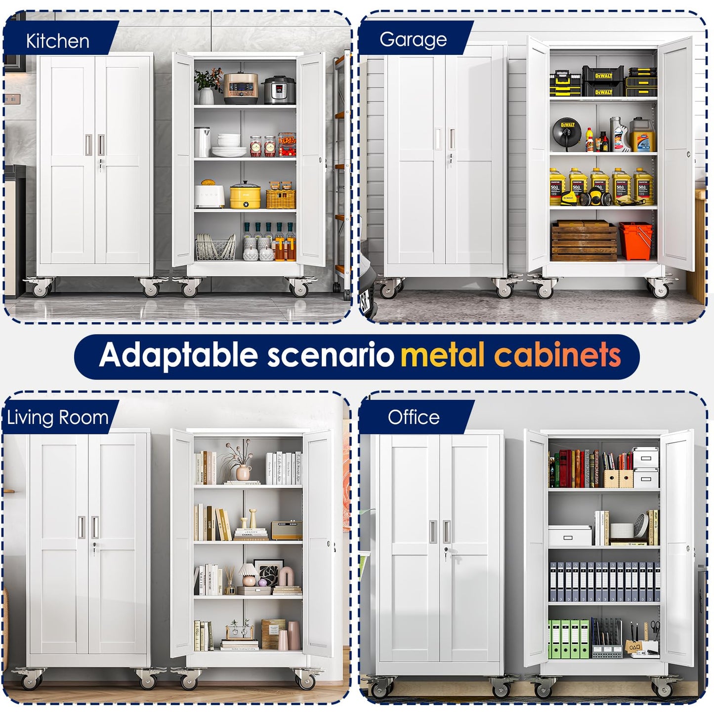 erosoei 61" H Metal Garage Storage Cabinet, Rolling Tool Cabinet with 2 Doors and Wheels, Locker Steel Cabinet with 3 Adjustable Shelves, Organization Cabinet for Garage,Office,Home,Gym,School（White）