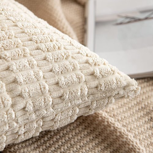 MIULEE Corduroy Decorative Throw Pillow Covers - Soft Chenille, 18x18 Inch, Cream & Beige (Set of 2)