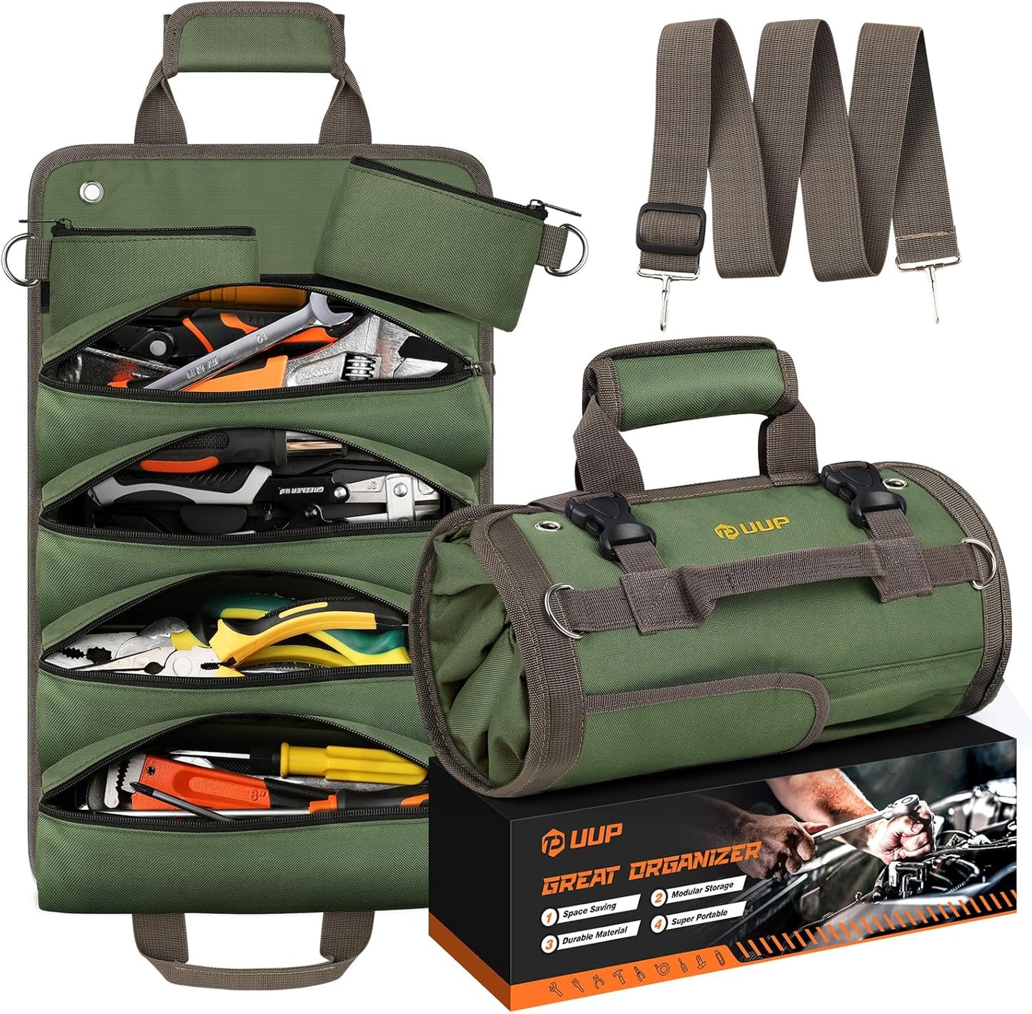 UUP Heavy Duty Tool Bag Roll Up - Portable Foldable Organizer with Pockets | Green, Perfect for Mechanics & Gifts for Dad