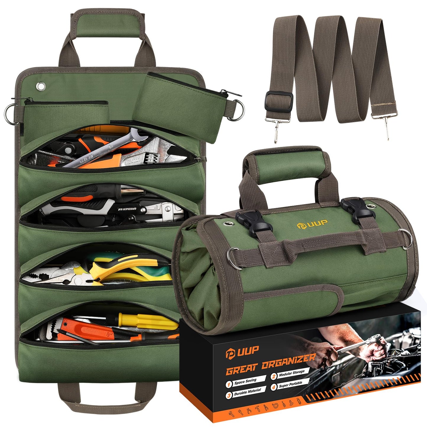 Tool Bag Roll Up, UUP Heavy Duty Portable Soft Tool Storage, Foldable Empty Rollup Organizer with Small Pockets, Official Rollable Toolbag, Father Day Gifts for Him Dad Men Mechanic Welding, Green