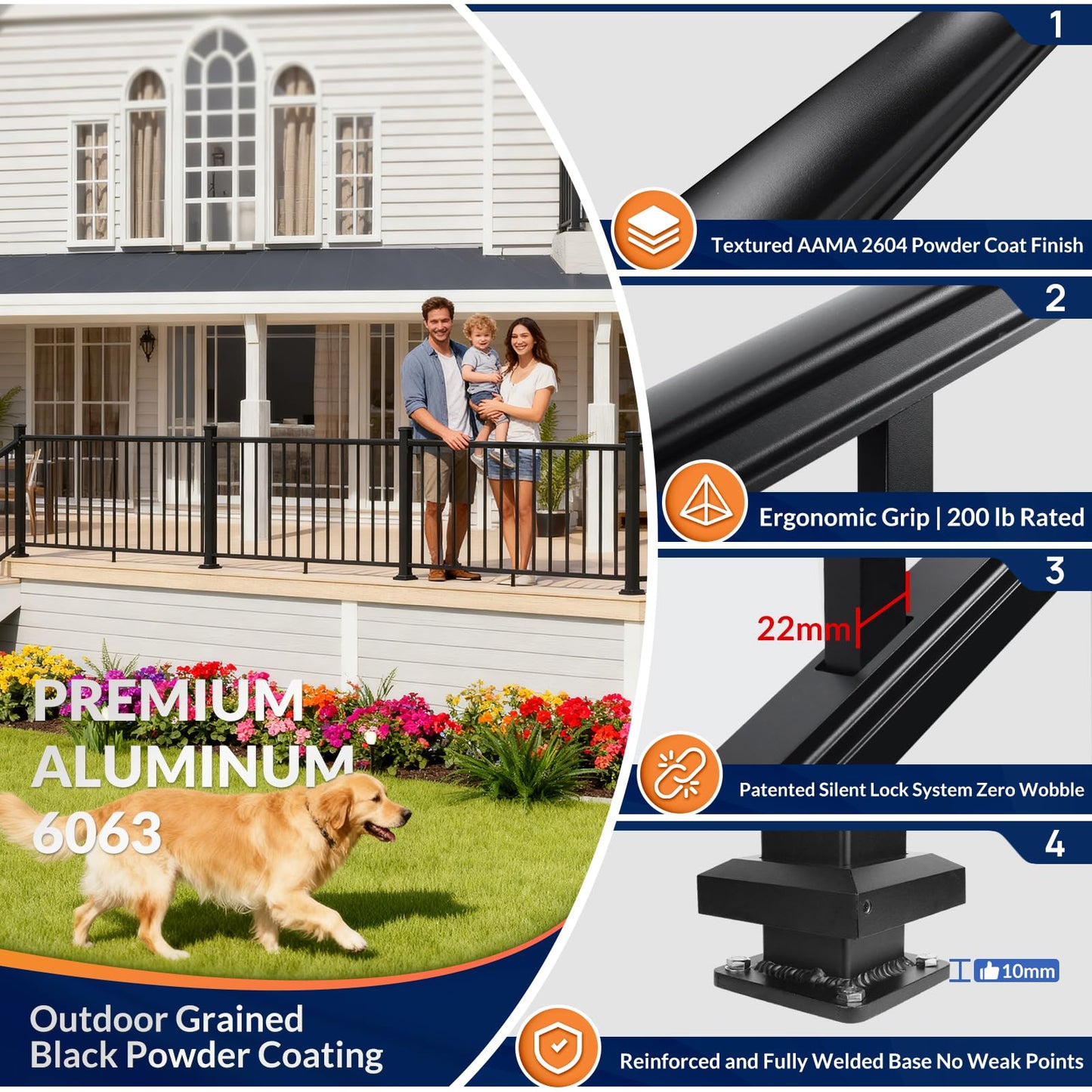 Egadis 36 in. H x 24 ft. W Black Deck Railing Kit with 4 Post, Textured AAMA 2604 Powder-Coat Finish Modular Aluminum Railing System for Outdoor Decks, Porches & Balconies(3 Panel, 4 Post)
