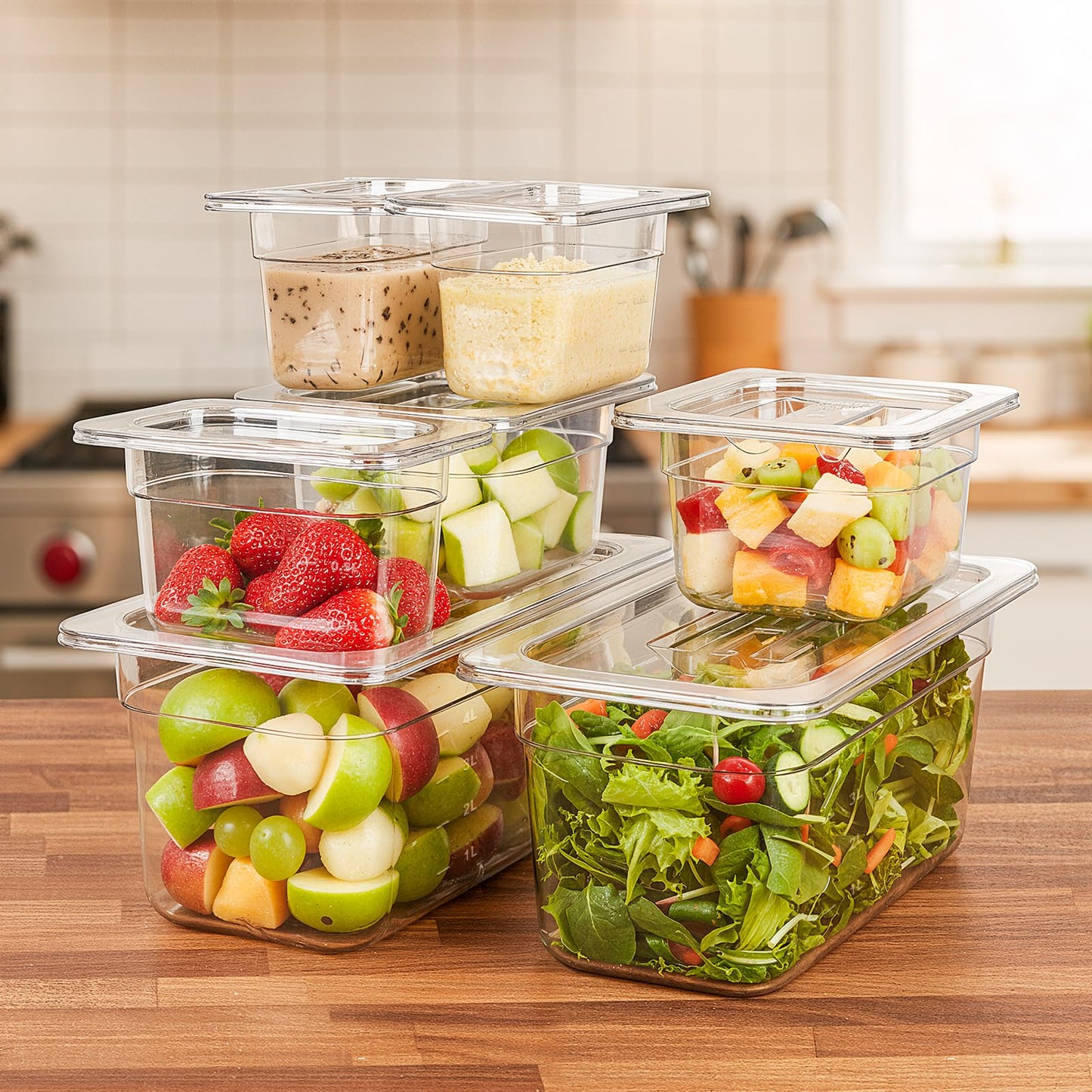 West Bay 9-Pack 1/6 Size 4''Deep NSF Polycarbonate Food Pans with Lids, Clear Commercial Hotel Pans, Food Storage Containers for Restaurant, Food Prep, Buffet, Salad Bar, Home Kitchen & Catering