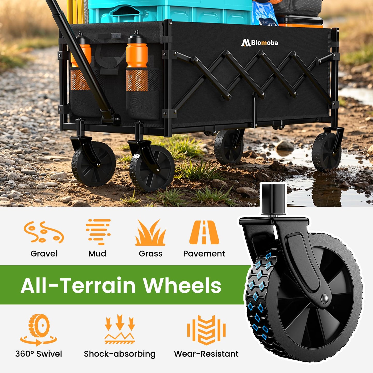 Blomoba 35'' Extra Long Collapsible Wagon with Adjustable Handle, Lightweight Folding Wagon with 360° Swivel Wheels, 220 LBS Portable Utility Cart for Garden, Sports, Grocery, Shopping, Camping, Black