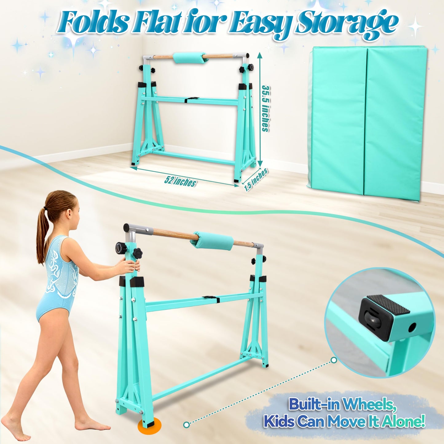 Seliyoo Foldable Gymnastics Bar for Kids Teens Ages 3-18, 5FT/6FT Kip Training Bar -Sturdy Base for Home Training,Adjustable Height 35" to 59" for, 400 LBS Capacity,Anti-Slip Base & Easy Assembly