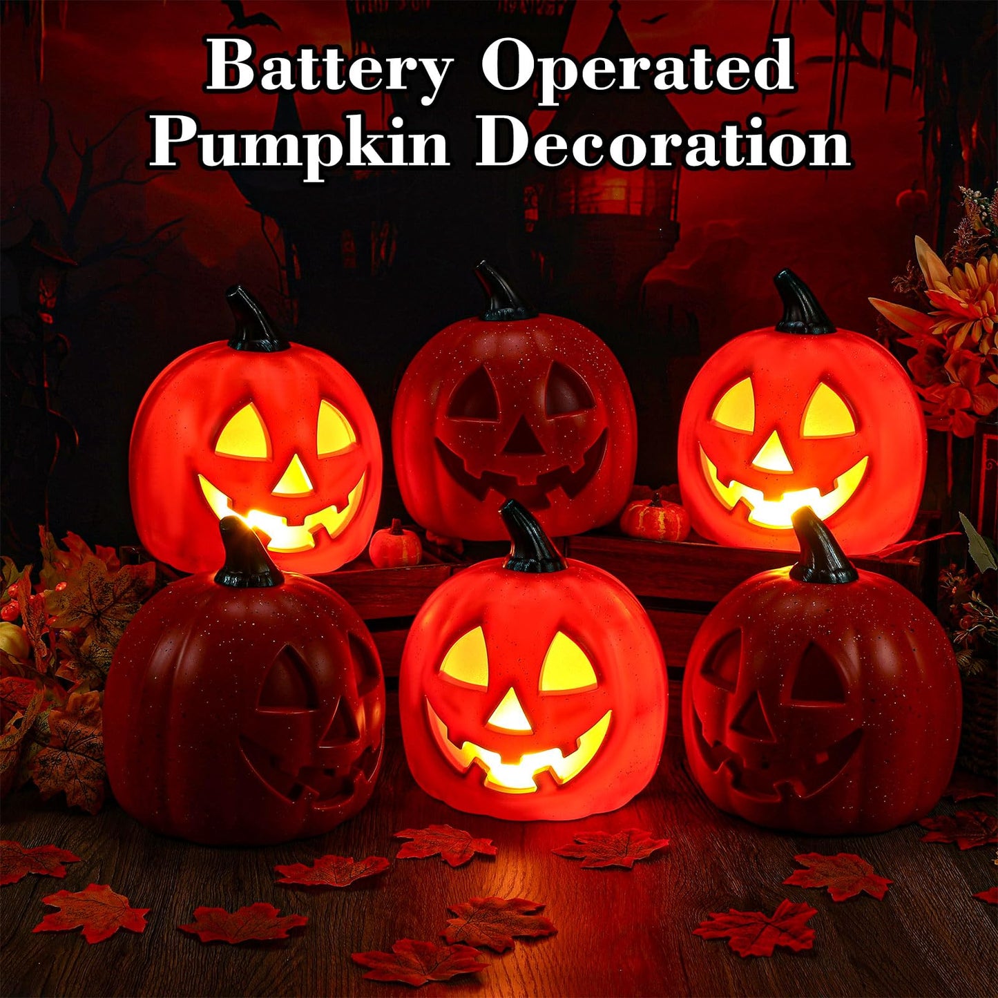 Kittmip 6 Pcs 8.5 Inch Halloween Plastic Jack O Lantern Pumpkins Battery Operated LED Pumpkin Decoration Light up Jack-o Lantern for Indoor Outdoor Yard Lawn Porch Garden Party(Orange)