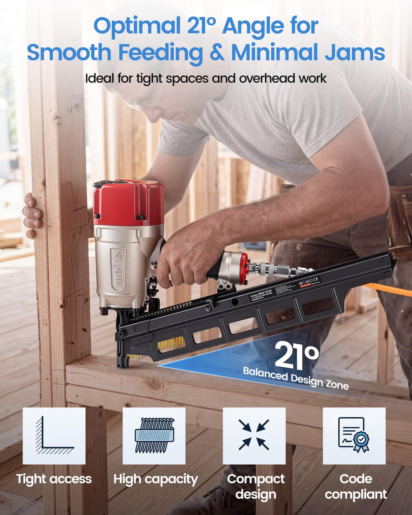 meite SN2183F 21 Degree Framing Nailer with 3 Inch x 0.12 Inch Galvanized Nails 2,000PCS, Air-Powered Framing Nail Gun for Wall Studs Pallet Sheathing Roof Decking