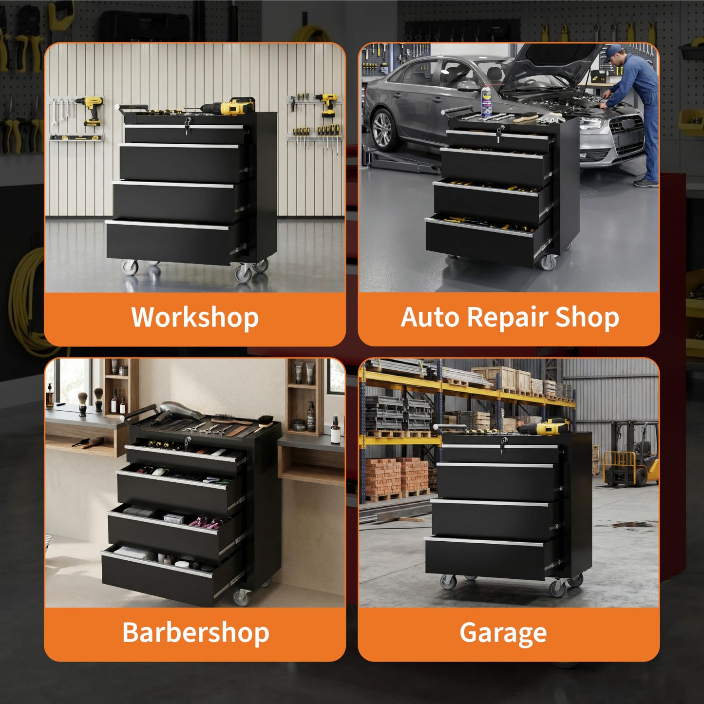 Garvee Rolling Tool Chest, 4 Drawers Tool Storage Cabinet, Toolbox with Wheels, Portable Tool Cabinet Organizer with Locking System & Drawer Liners, Tool Storage Cart for Garage, Workshop, Black