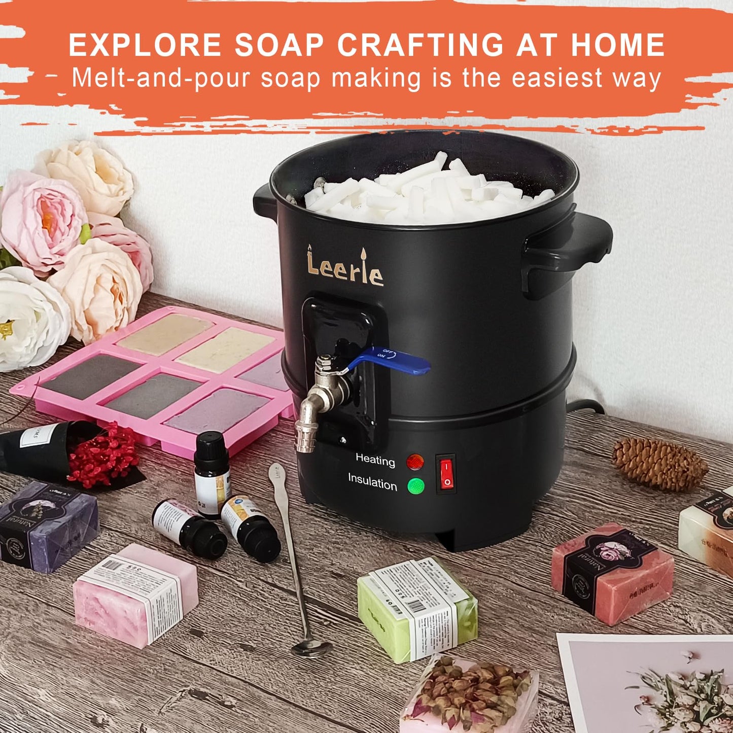 Leerie S4 Soap Base Melter, 8Lbs Soap Making Kits with Constant Temperature Control & Heating Core Brass Spout for DIY Soap Business Melt & Pour Soap Kits (Non-Stick Coating Inner Pot）