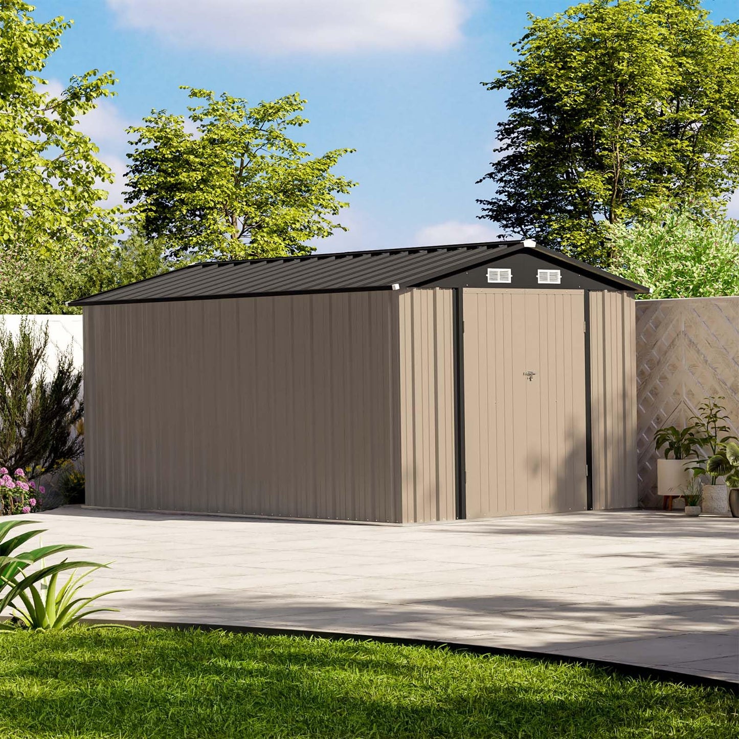 Patiowell 12 x 8 FT Outdoor Storage Shed, Steel Shed Storage House with Design of Lockable Doors, Utility and Tool Storage for Garden, Patio, Backyard, Outside use, Brown