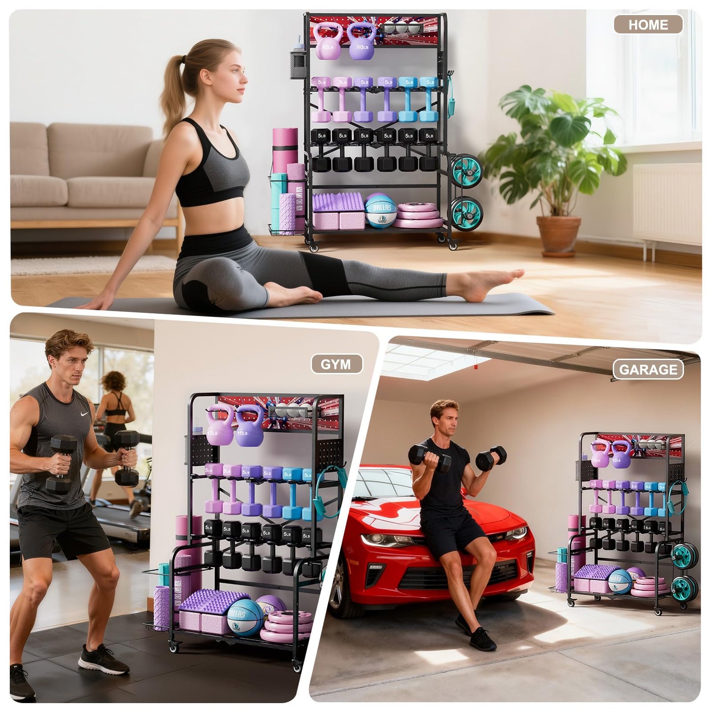 YiiMeeCoo Heavy Duty Dual-Row Dumbbell Rack with Wheels, Home Gym Vertical Storage Stand with Yoga Mat Storage, Space Saving Fitness Equipment Organizer for Home Workout