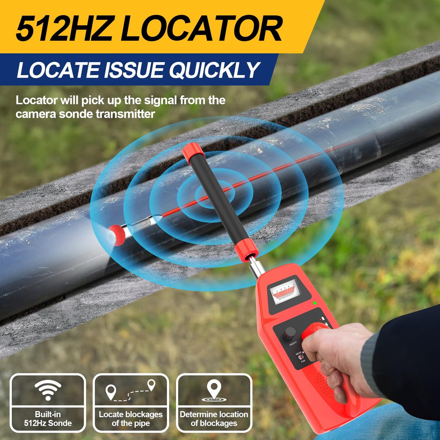 Anysun All in 1 Sewer Camera with Locator & Wheels & Pull Handle, 7MM Cable, Self Leveling, Distance Counter, 32GB Card, 9'' HD Monitor, Pipe Drain Inspection Camera IP68 Borescope (300FT/91.5M)