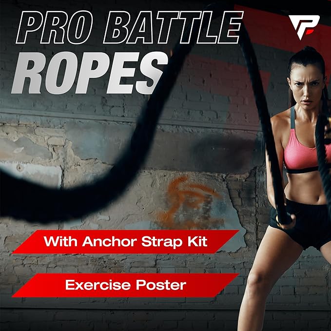 Battle Ropes 50 ft Heavy Duty Battle Rope with Protective Sleeve Black, Plastic, ABS Grip, Adult Strength Training, Cardio, CrossFit