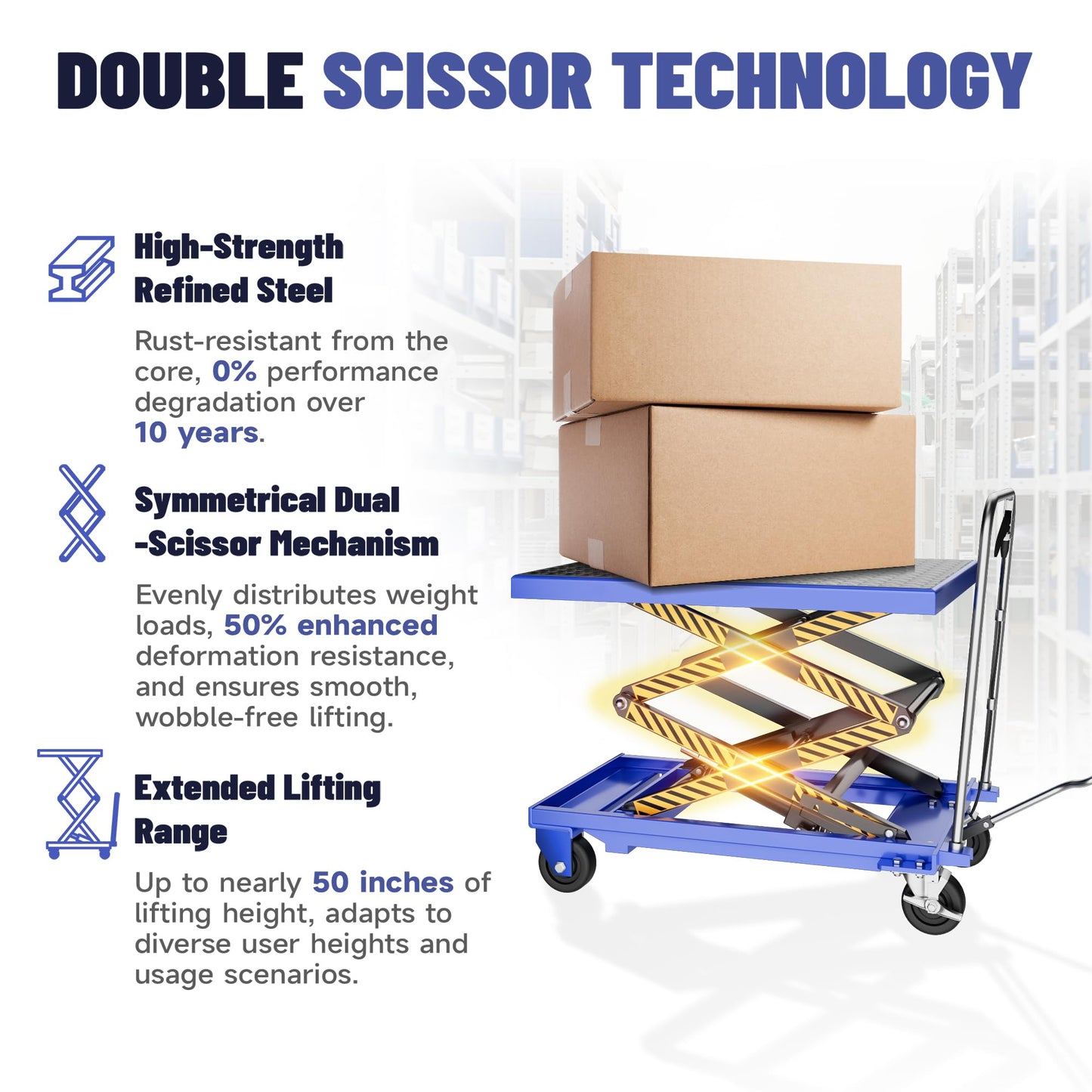 StructoMax Hydraulic Lift Table Cart - 330lbs Capacity, Easy Operation and Swivel Casters with Brakes - Double Scissor Lift for Material Handling and Transportation, Blue
