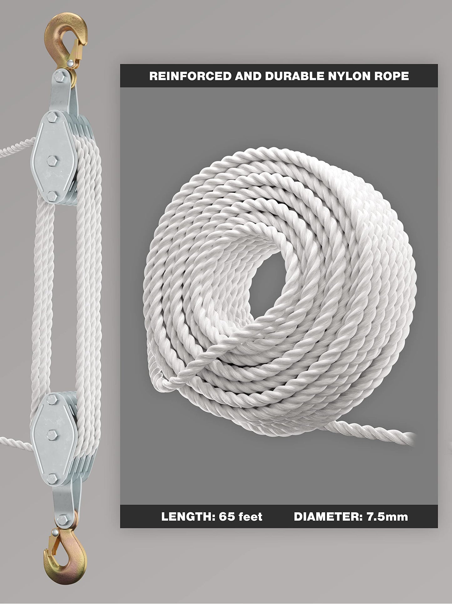 Block and Tackle Pulley System for Lifting Objects - SoB 4000LB Breaking Strength with 65 Feet of 3/8" Rope - 7:1 Lifting Power - Heavy Duty Rope Hoist Pulley System for Garage Warehouse Construction