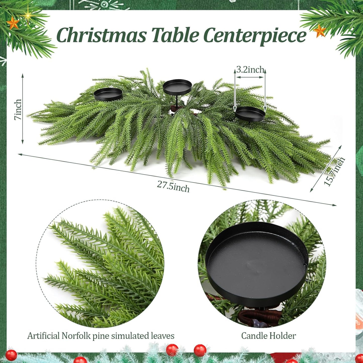 Norfolk Christmas Table Centerpiece - 3 Candle Holders | Pine Needle Holiday Decor for Dining Table