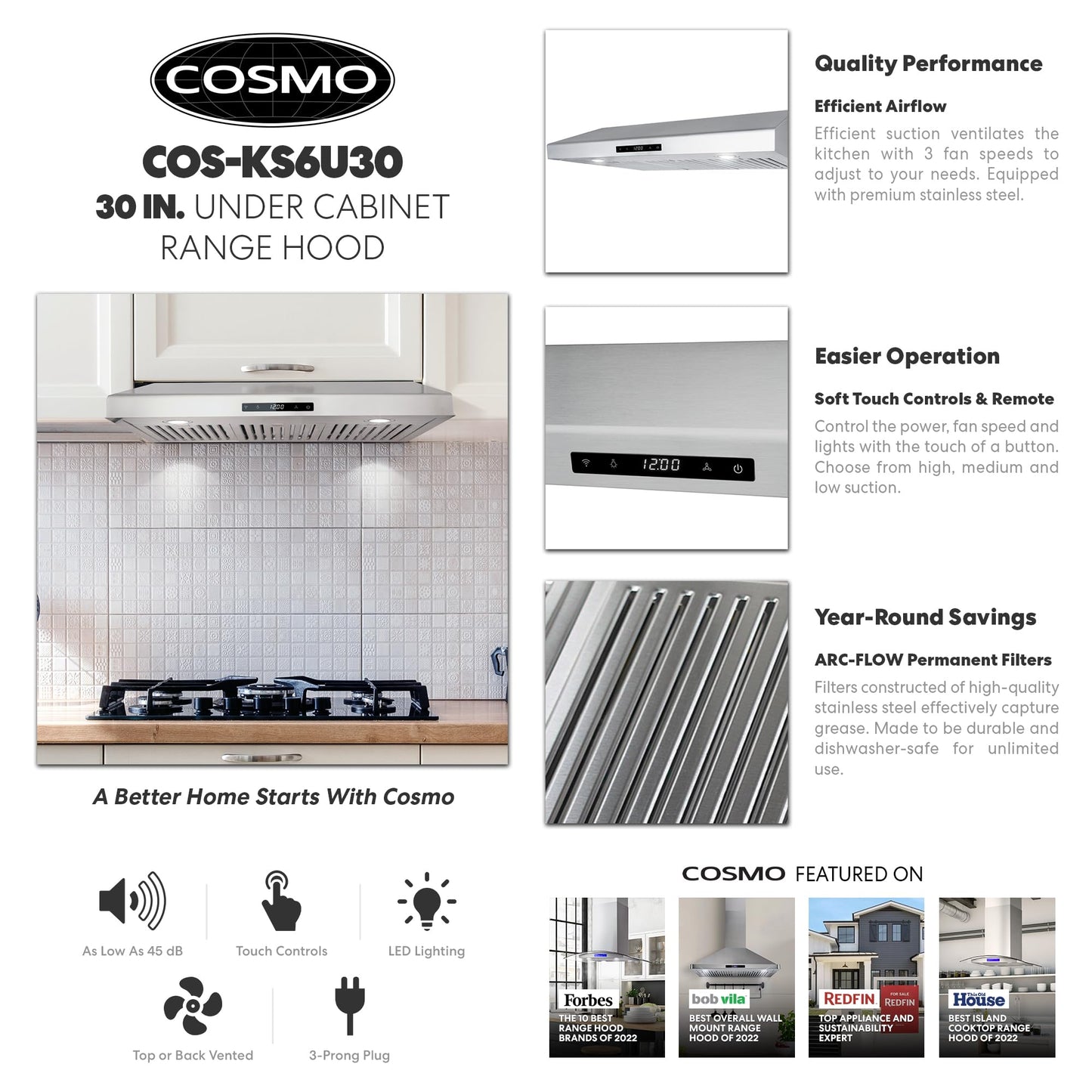 COSMO COS-KS6U30 30 in. Haven Collection 500 CFM Ducted Under Cabinet Range Hood, Touch Controls, LED Lights, Stainless Steel