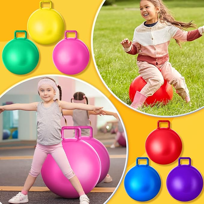 Lewtemi 6 Pcs Hopper Ball Carnival Outdoor Games 20 Inch Jumping Hopping Inflatable Bouncing Ball with Handle and Air Pump for Kids Sport Exercise (Red, Blue, Green, Pink, Yellow, Purple)