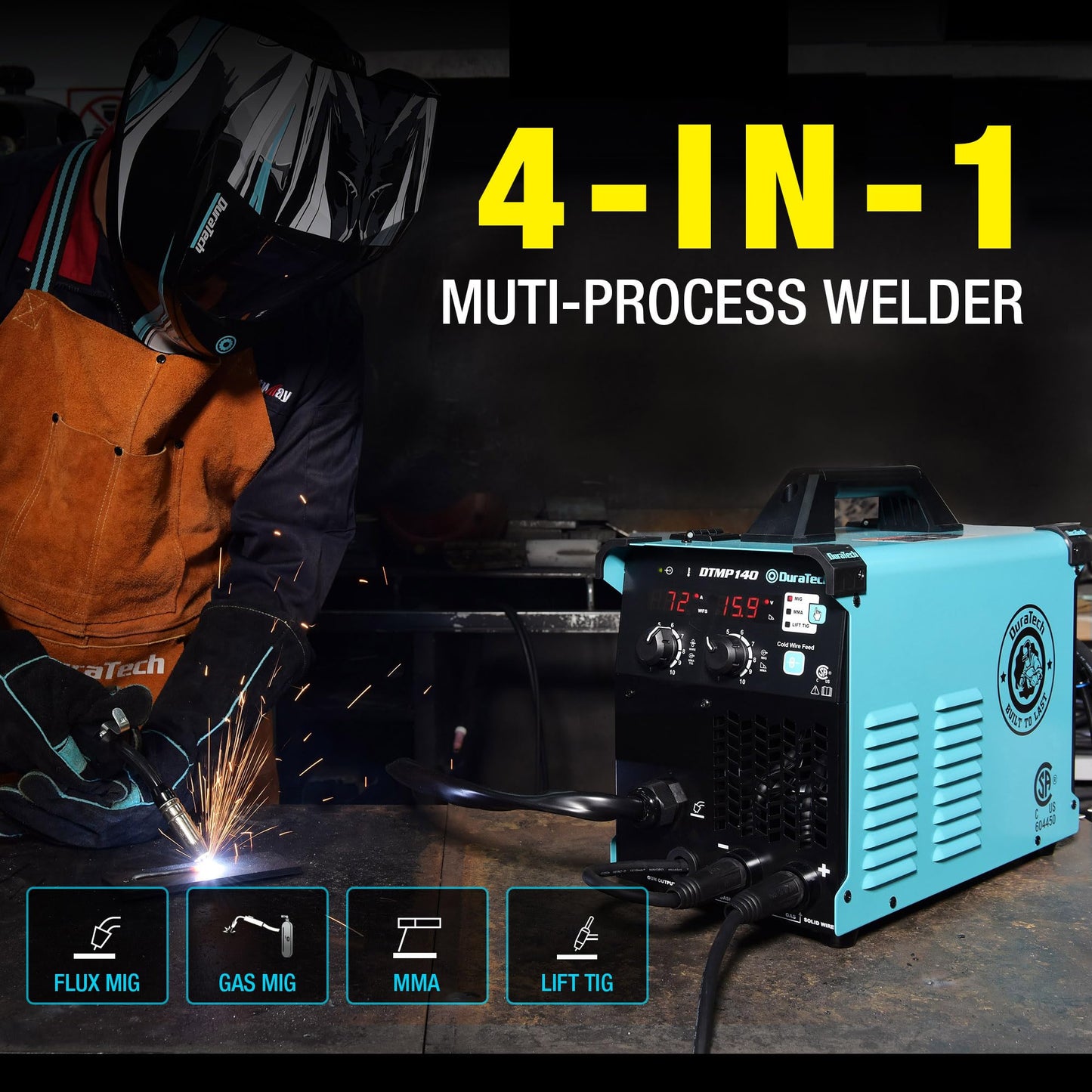 DURATECH 140Amp MIG Welder, 120V 4-in-1 Welding Machine Flux Core Gasless/Solid Core Gas Shielded/TIG/Stick Welder Suitable for 2 to 11lbs Welding Wire, IGBT Inverter Portable Welder with Welding Gun