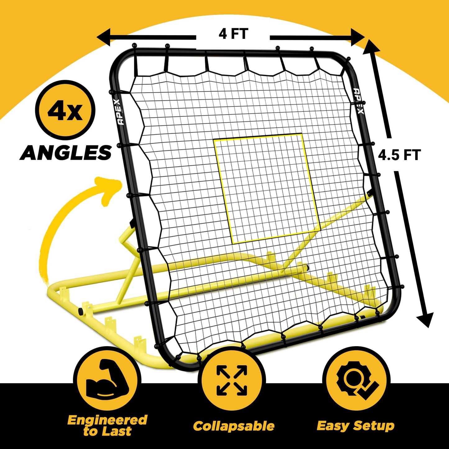 Apex Sports 4x4.5 Ft Baseball Rebounder, Multi-Sport Trainer for Soccer and Volleyball, Adjustable Angles, Easy Storage, Durable Construction, Enhances Agility, Precision, Reflexes, Solo Practice