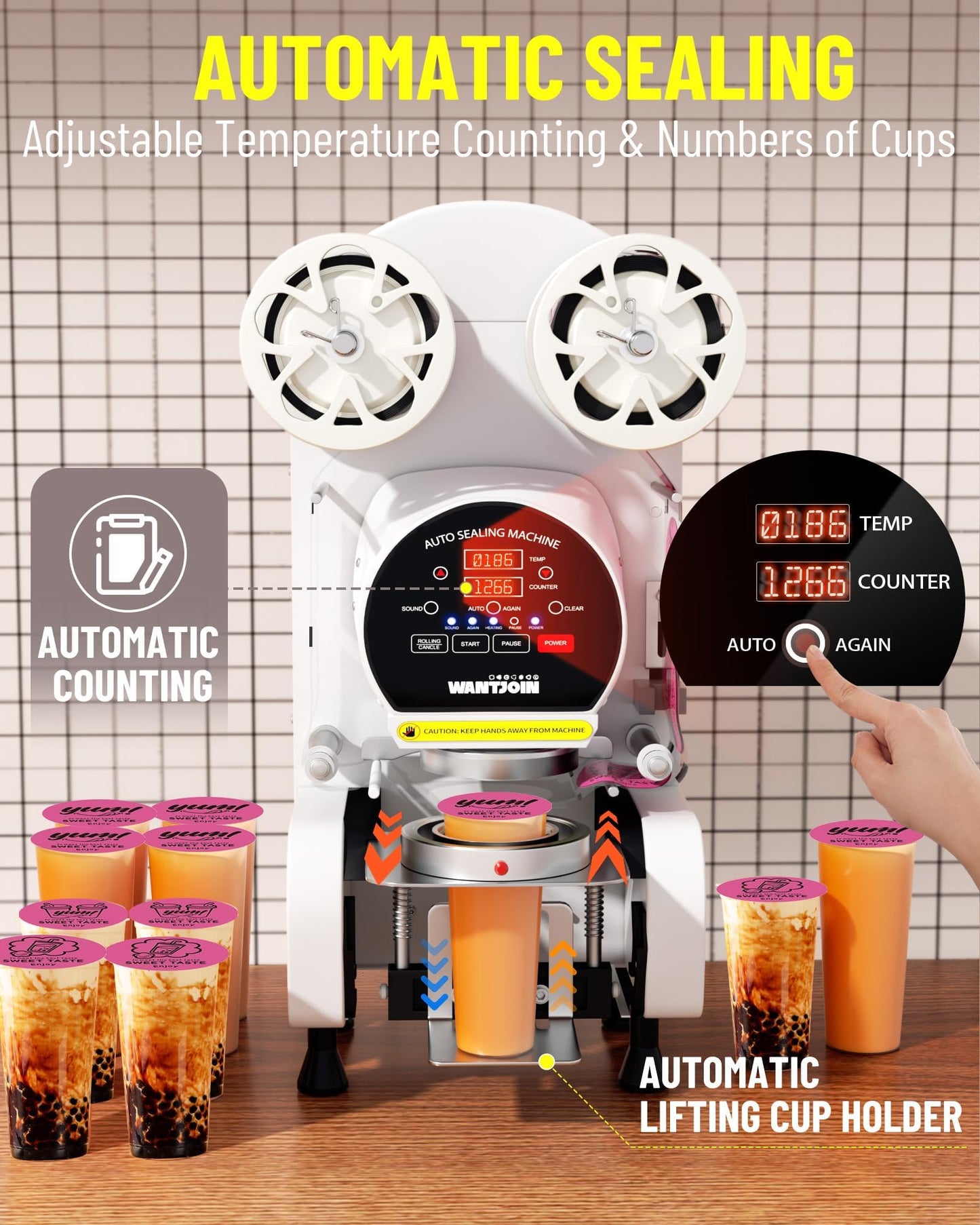 WantJoin Cup Sealing Machine - Full Automatic Cup Sealer Machine 89/90/95MM 3.50/3.54/3.74IN Electric White Cup Sealing Machine 500-600 Cups/h White
