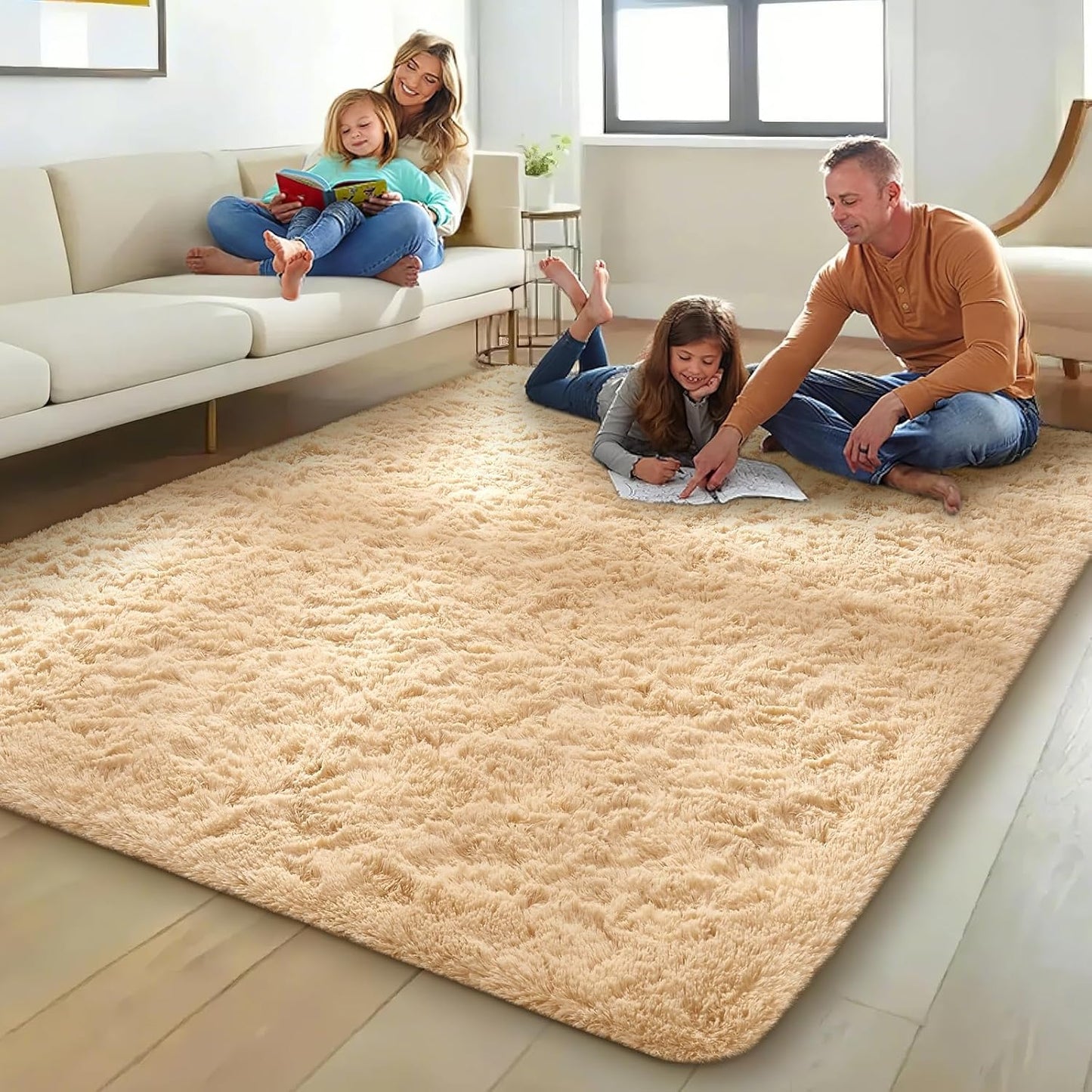Ophanie Beige Area Rug - Plush Soft Shaggy Carpet for Living Room & Bedroom | 5x8 Size