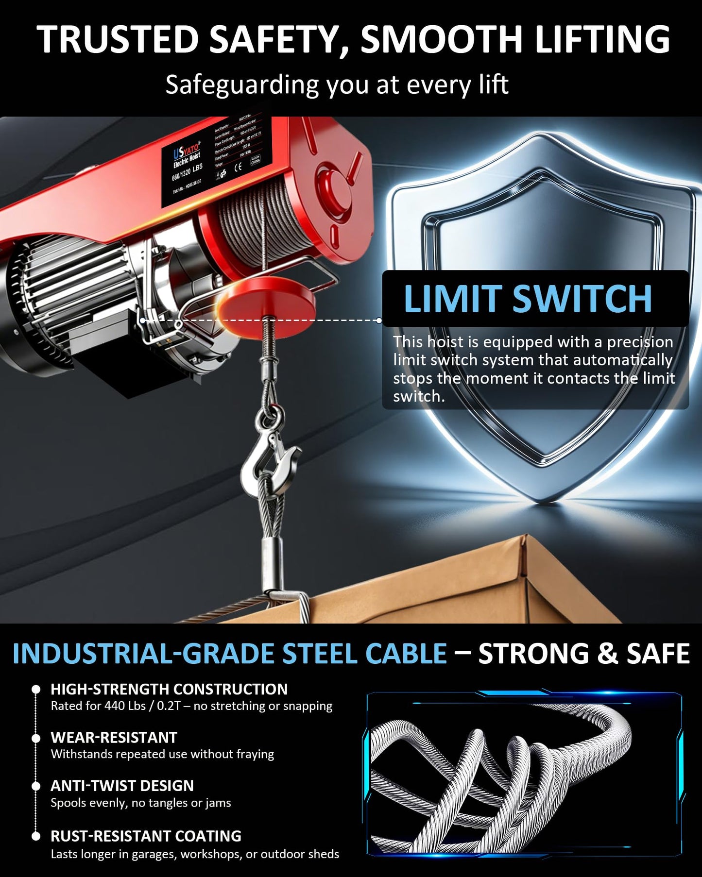 USYATO 1320 lbs Electric Hoist with 14.1 ft Wired Control,110V Electric Winch with Emergency Stop Switch,Zinc-Plated Steel Wire Hoist,Material Handling Tool for Warehouse,Garage,Factory,Attic
