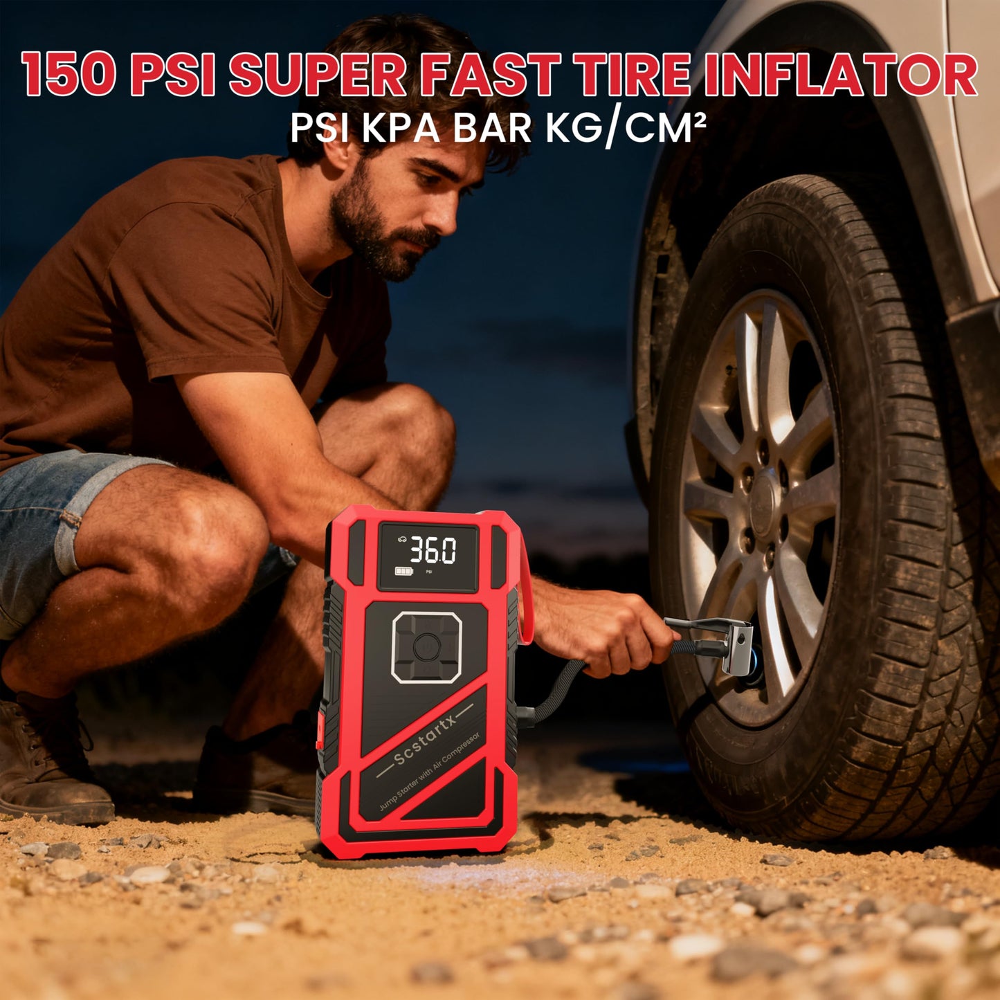 Scstartx 3000A Peak Car Jump Starter with 150PSI Air Compressor – Smart Jump Cable, LED Flashlight & USB Charger, 12V Emergency Starter for Vehicles up to 10L Gas & 8L Diesel