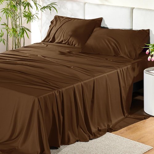 Bedsure King Size Cooling Sheets Set - Breathable Rayon from Bamboo, Soft & Luxurious, Deep Pocket Up to 16 Inches, Brown