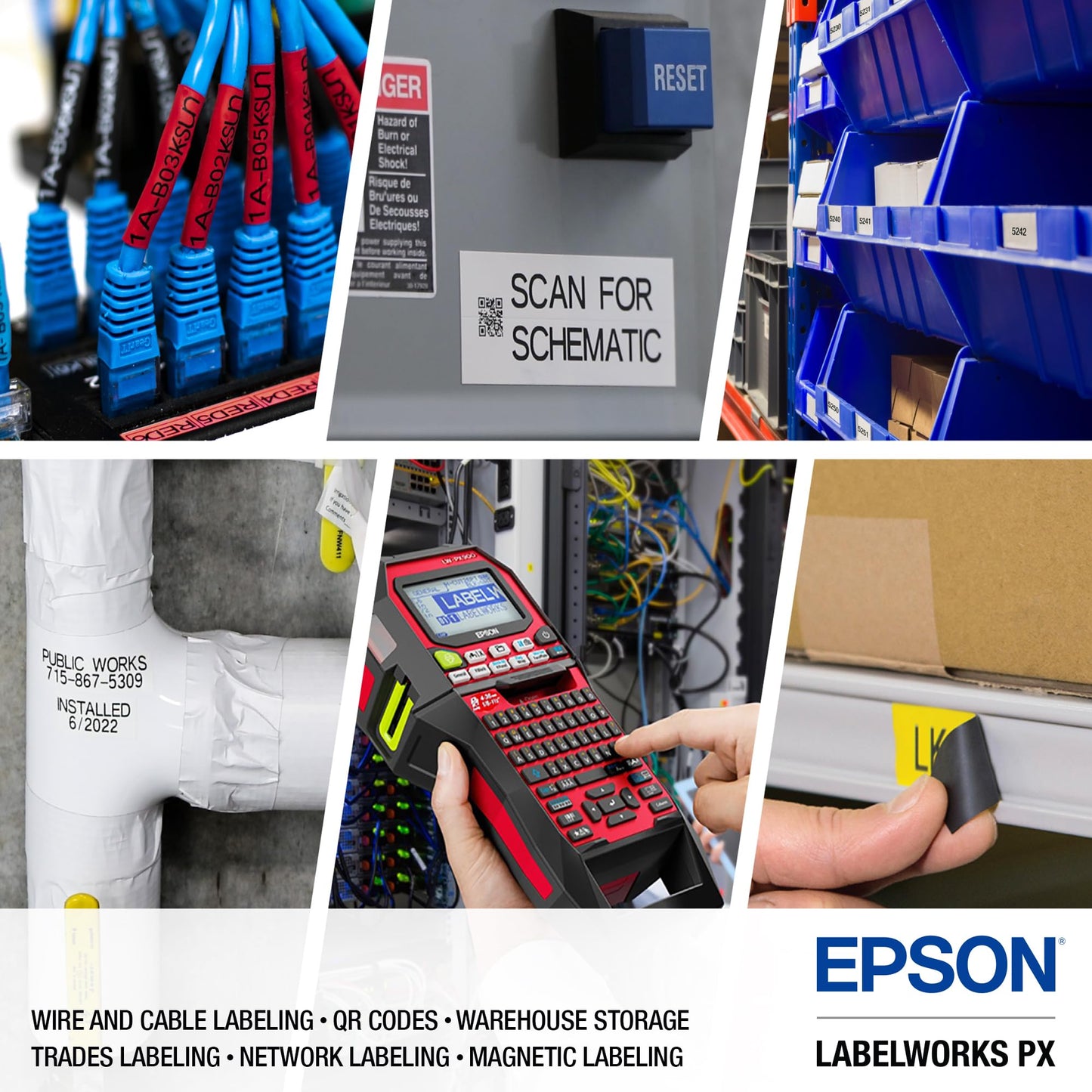 LABELWORKS Epson Asset Management Bundle - LW-PX900PCD Industrial Label Maker Kit, 236SMPX, 224SMPX, and 212SMPX PET (Polyester) Tape Cartridges - Black on Silver Matte Label Maker Tapes