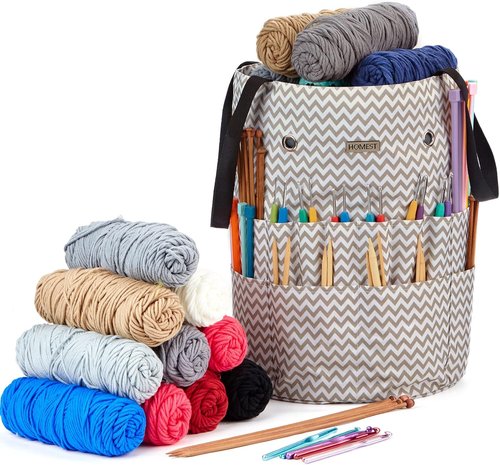 HOMEST Large Crochet Bag - Custom Front Compartment for Yarn Storage | 6 Oversized Grommets, Drawstring Closure