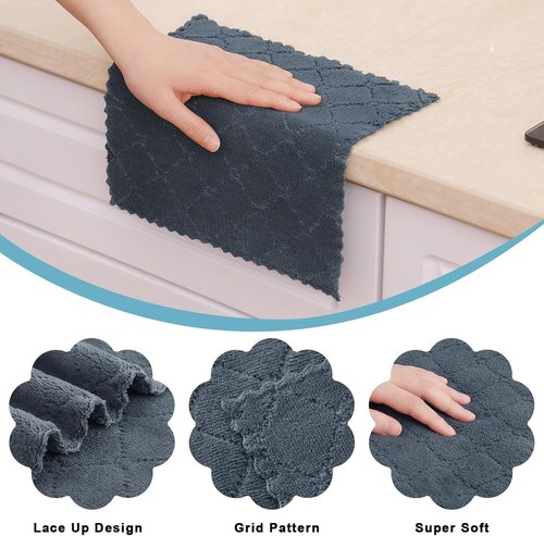 Homaxy Kitchen Dish Cloths - 12 Pack Coral Velvet & Cotton Waffle Weave | Dark Grey, 10x10 & 12x12 Inches