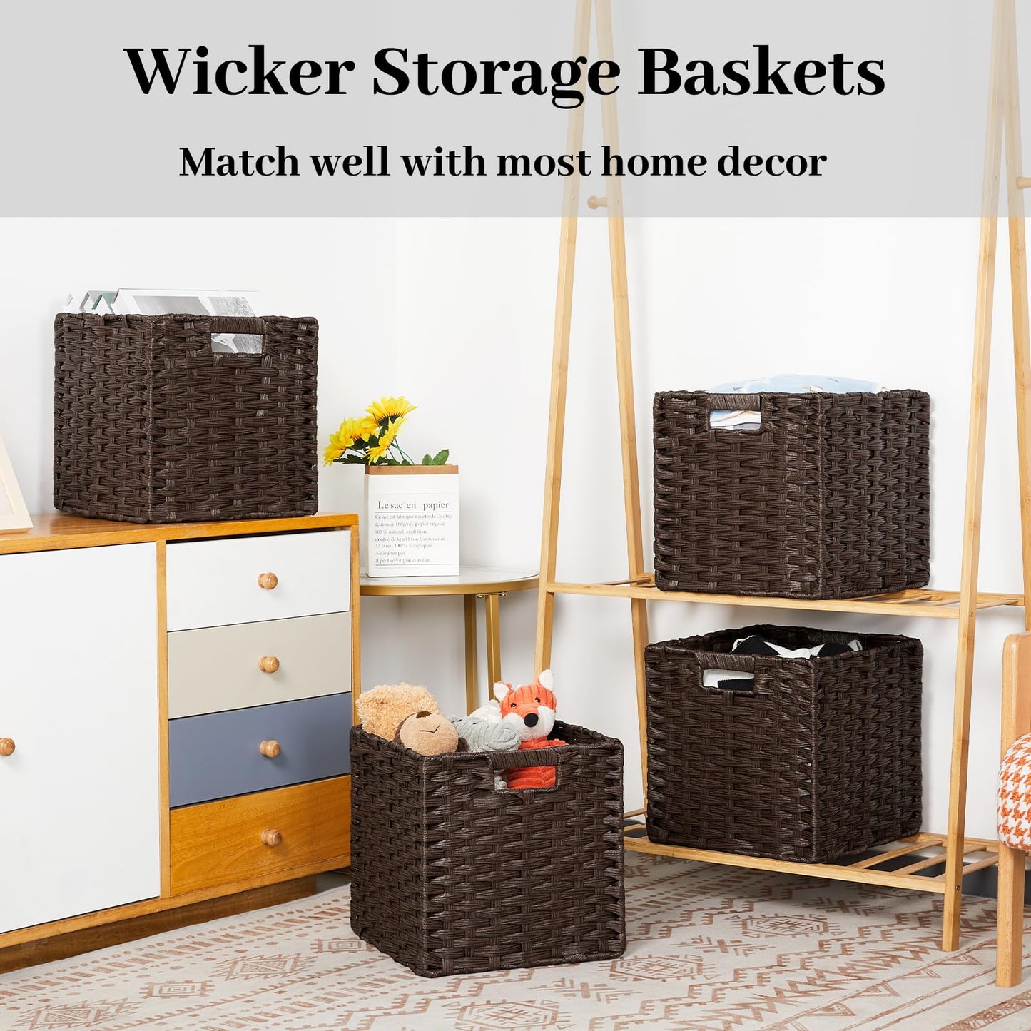 DULLEMELO Wicker Storage Baskets 11x11 Cube Storage Bins for Organizing Plastic Woven Baskets Set of 4 Waterproof Wowen Storage Cube Organizer for Pantry Closet Set of 4 - Deep Coffee