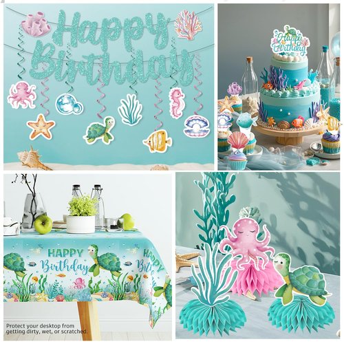 cocomigo 201 Pieces Ocean Party Decorations, All-in-One Sea Turtle Birthday Party Pack, Includes Banner, Plates, Tablecloth, Cake Toppers, Balloons, Under the Sea Decorations for 25 Guests