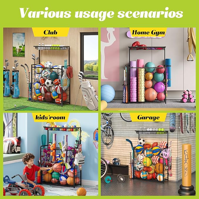 Large Sports Equipment Organizer, Garage Storage Ball Rack with Elastic Straps and 3 Hooks, Outdoor Toy Organizer Stand, Garage Organization Storage Rack for Basketball, Football, Soccer, Volleyball