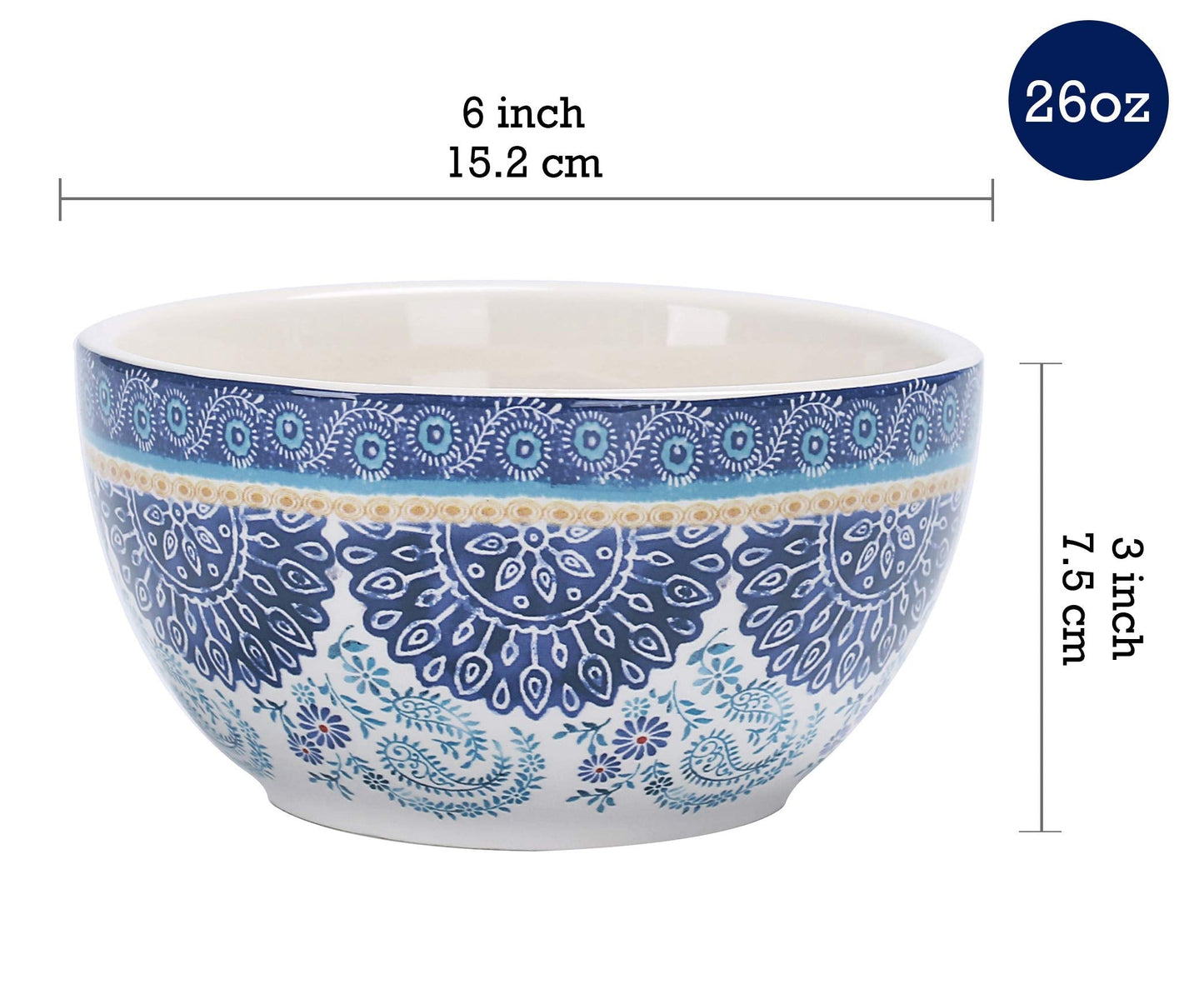 Bico Blue Talavera Cereal Bowls Set of 4, 26 oz Deep Ceramic Soup Bowls for Cereal, Salad, Noodles, Kitchen, Microwave and Dishwasher Safe, Gift for Housewarming and Thanksgiving