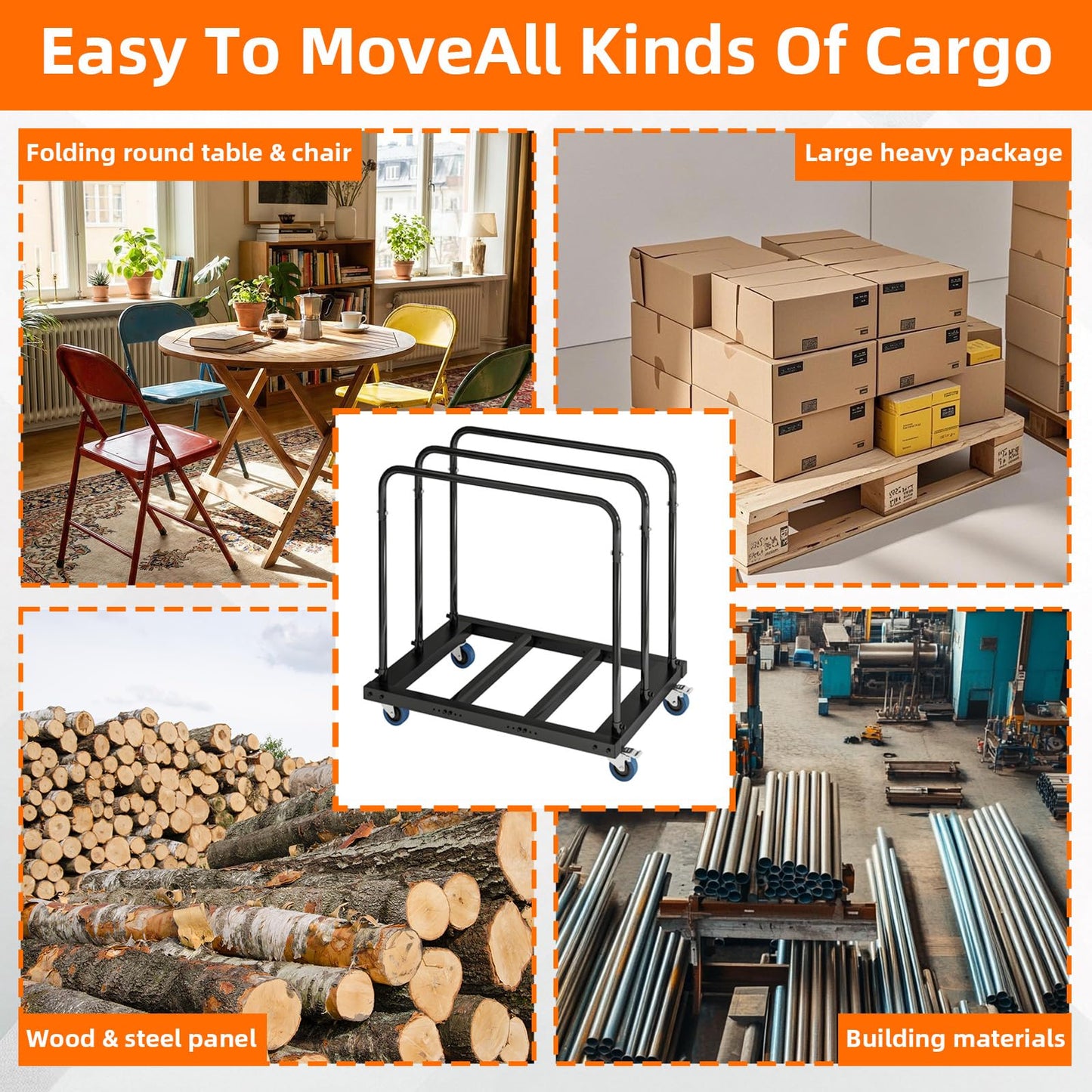 GAMINA KAVISI Folding Table Cart, 1800lb Panel Carts with Swivel Wheels, Heavy Duty Drywall Cart for Moving Lumber, Folding Table, Sheetrock, 10 Table Capacity for Hotels, Factories, Warehouses.