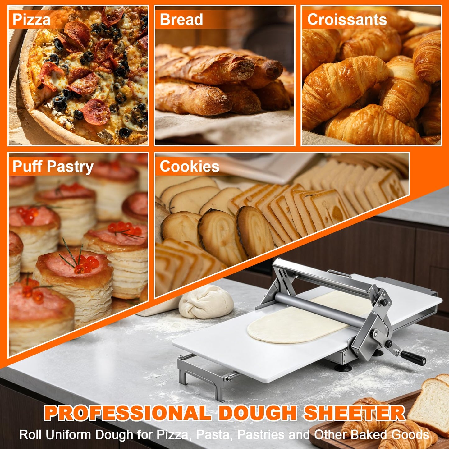 15.5" Folding Dough Sheeter, Manual Dough Roller Machine, Stainless Steel Adjustable Thickness 2-25mm, Countertop Dough Sheeter for Home and Commercial Use