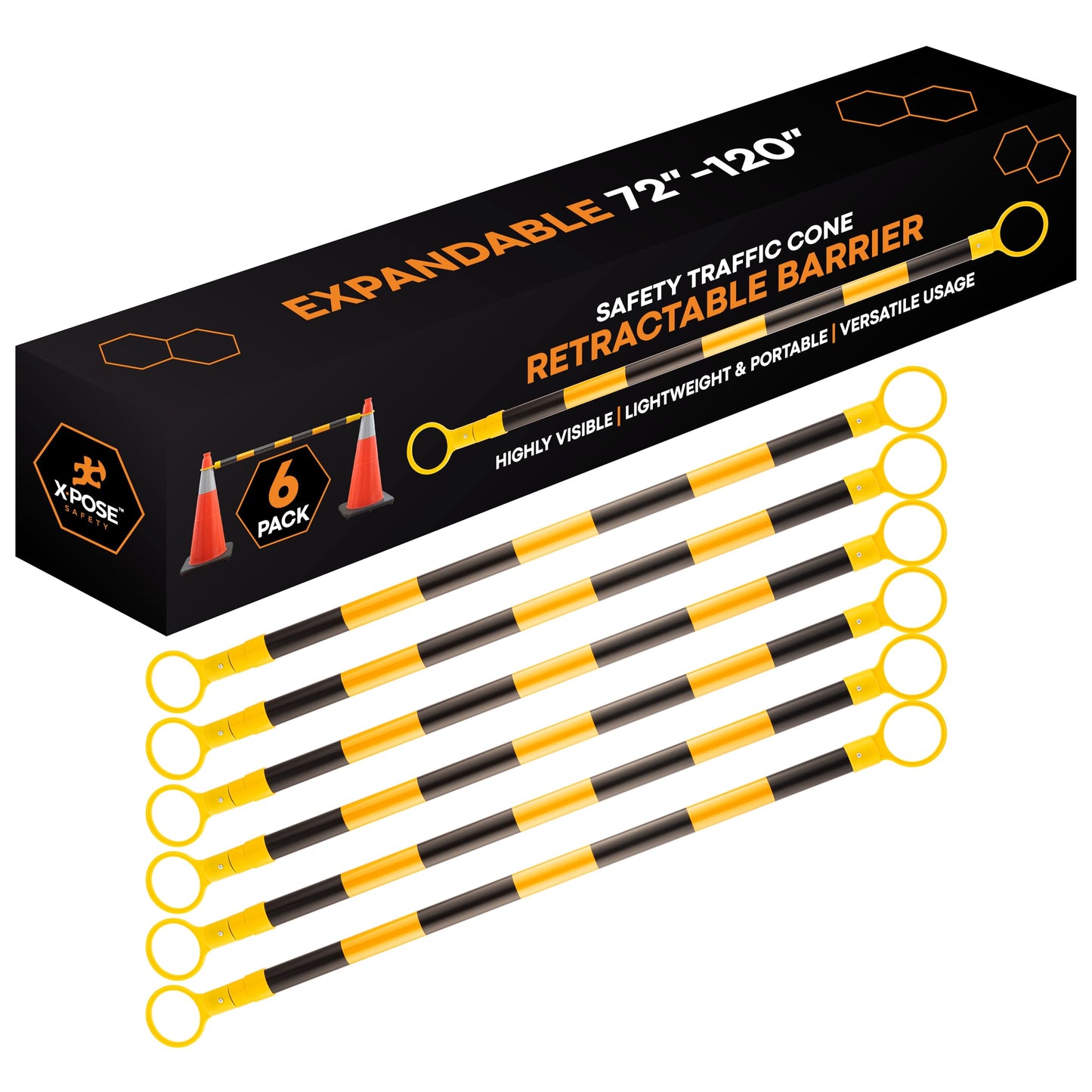 Xpose Safety Reflective Retractable Barrier for Traffic Cones – 6 Pack, Yellow/Black, Expandable 72″–120″ for Construction, Parking & Crowd Control