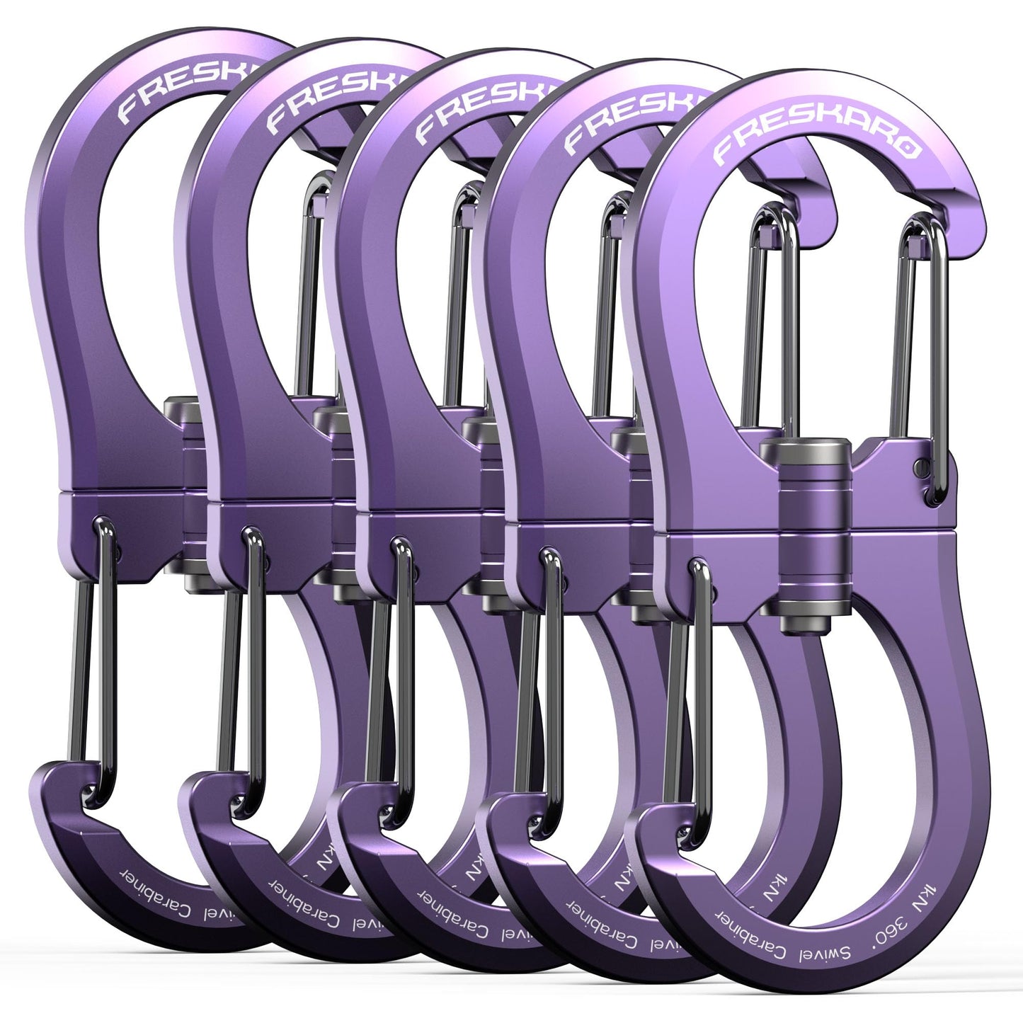 FresKaro 1kN Carabiner Clips, Heavy Duty Double-Ended Wire Gate Carbineers, Small Non Locking Carabiners, Key Clip and Keychain Hook, Strong Aluminum Spring Snap Karabiners, 360 Swivel, Purple 5pcs