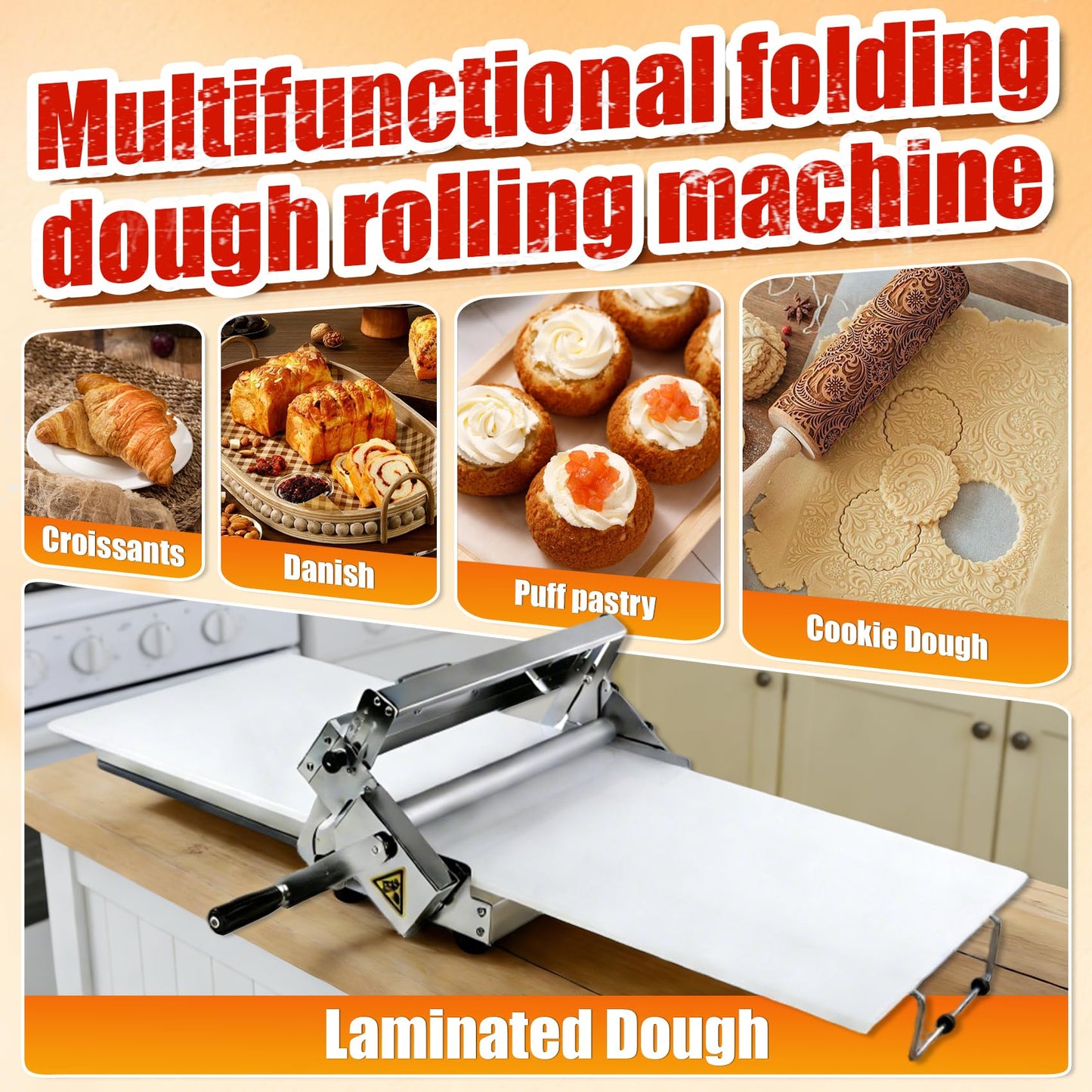 Folding Dough Sheeter (15.5")，Dough Sheeter，Manual Dough Sheeter，Commercial Dough Roller Sheeter，55 thickness options，Suitable for pizza, croissants, puff pastry, Stainless Steel（1 Rolling Boards）