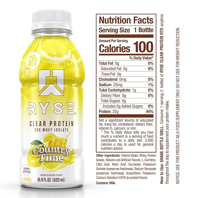 RYSE Clear Protein Shake - Country Time Lemonade - 100 Calories, 22g Whey Isolate Protein, Sugar-Free, 0g Fat & Lactose-Free - Refreshing Ready-to-Drink Beverage - 16.9 fl oz Bottles (12-Pack)