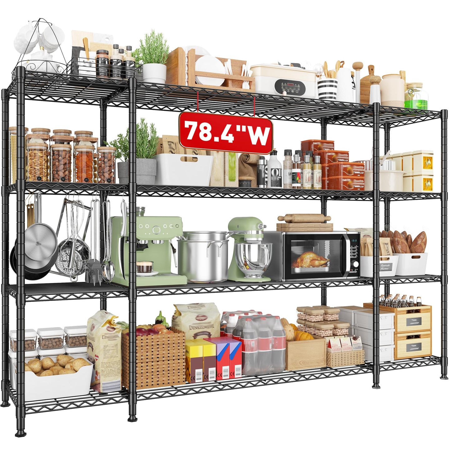 REIBII 78.4" W Storage Shelves 1500LBS, Metal Shelving Unit Wire Shelving for Garage Storage Rack, Adjustable Metal Shelf for Pantry Commercial Kitchen Garage Shelves, 78.4" W x 11.8''D x 59''H