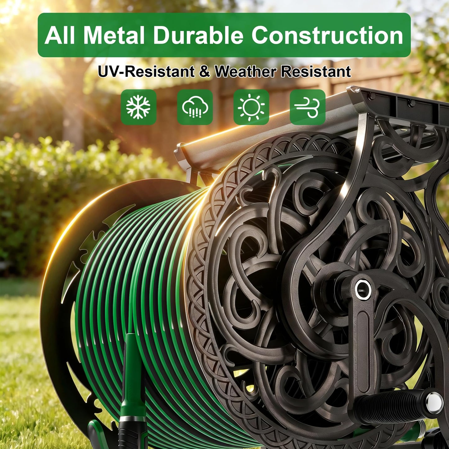 Garden Hose Reel Wall Mount Metal, Holds 125 ft x 5/8" Decorative Water Hose Holder for Outside Storage, Heavy Duty Aluminum Frame w/Shelf, No-Leak Aluminum Water System, Easy Assmbly, Dark Bronze