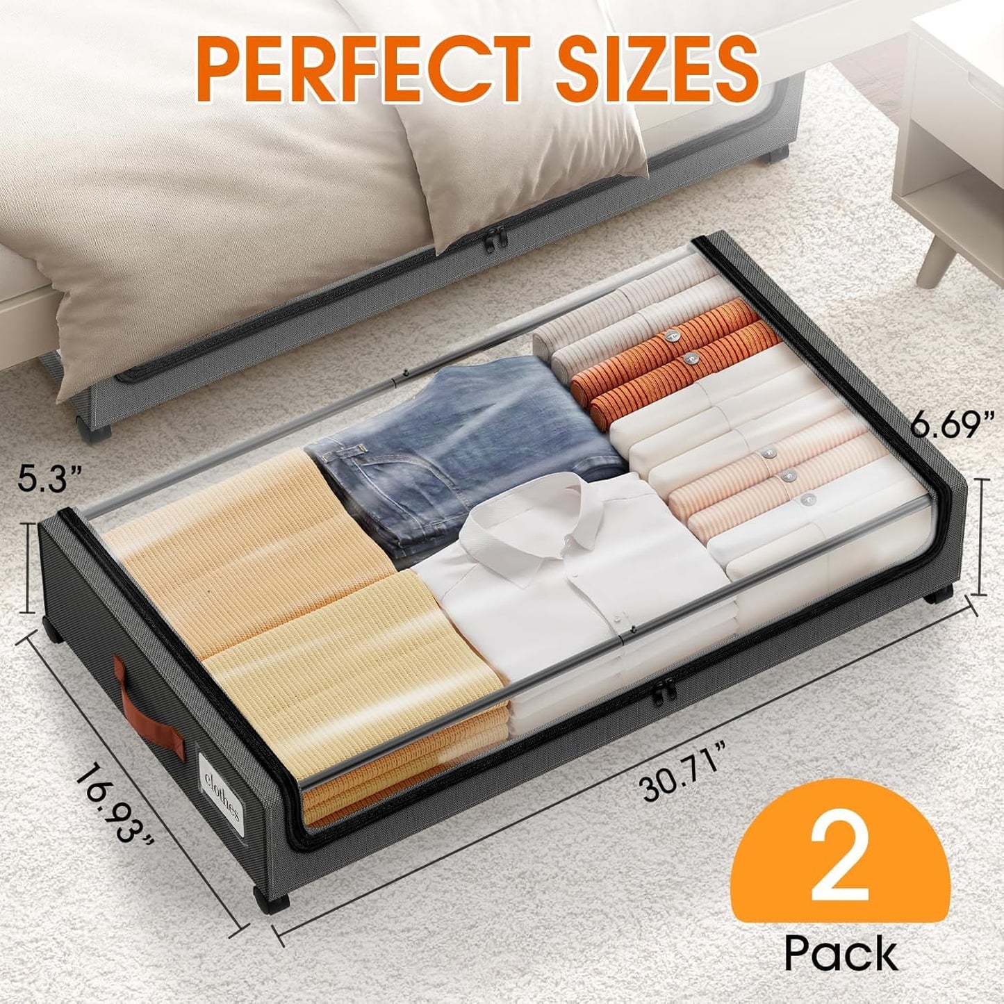 SpaceHacks Under Bed Storage Containers - 2-Pack Rolling Drawers with Clear Windows & Labels | Dark Grey (30.71 x 16.93 x 6.69 in)