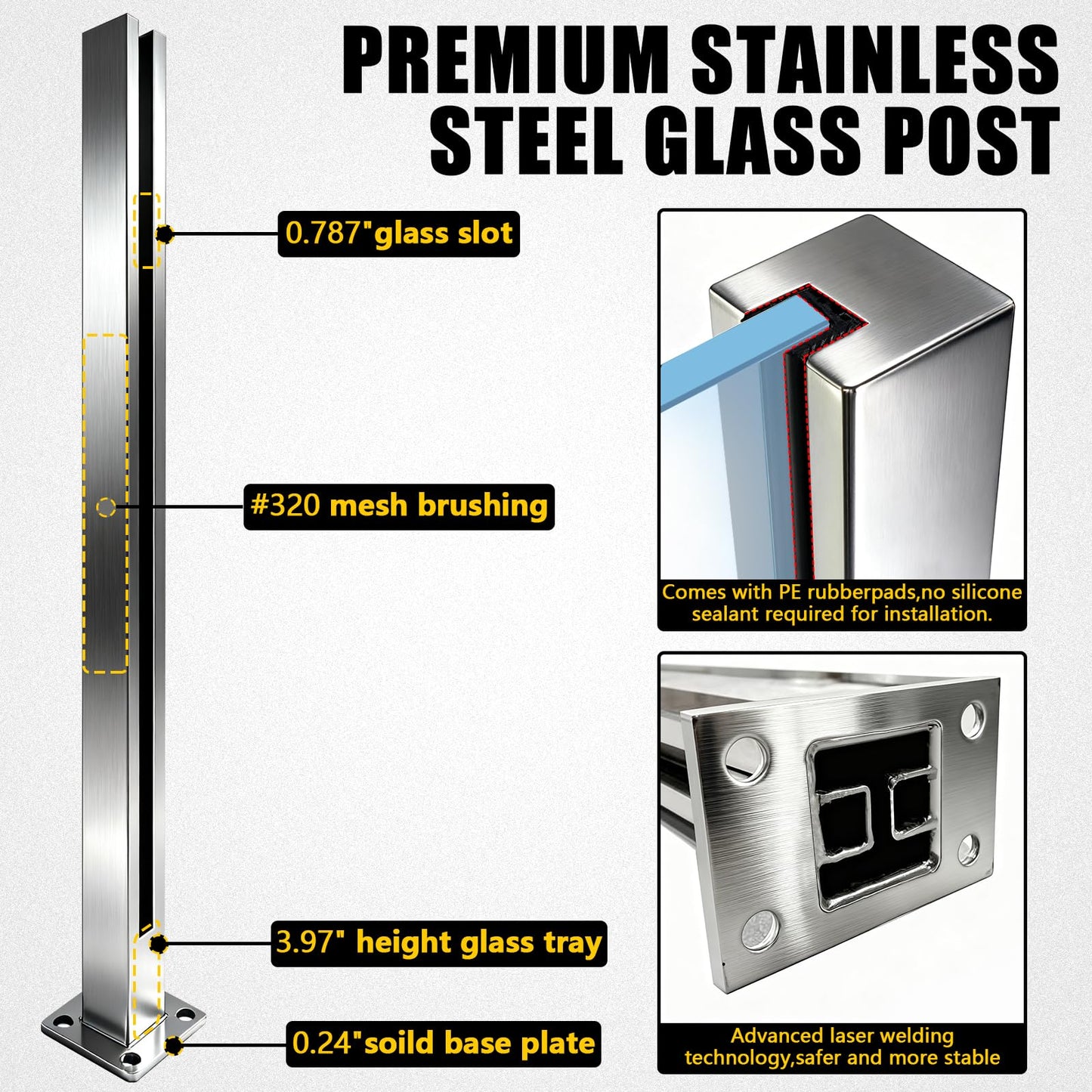 DEVALLEY 3ft(41.34") Glass Balustrade End Post with Mounting Strip,Silver Garden Privacy Fence Posts with Spigot Slot & Sturdy Base for Glass,Wood,PVC,DIY Serial Post for Steps,Balcony,Deck,Yard